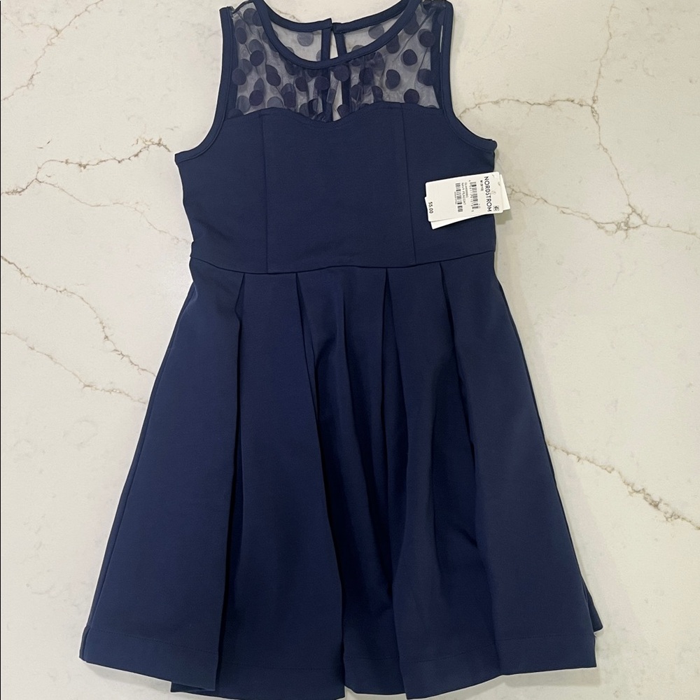 Nordstrom Girl’s Navy Blue Mesh Polka Dot Fit & Flare Party Dress NWT Size 8/10